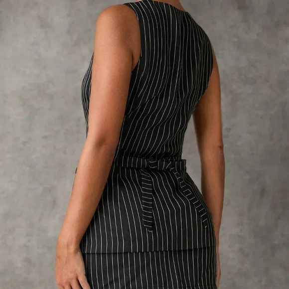 Black And White Casual Women's Solid Button Front Vest Blazer & Skirt Suit Set - Picture 2 of 6